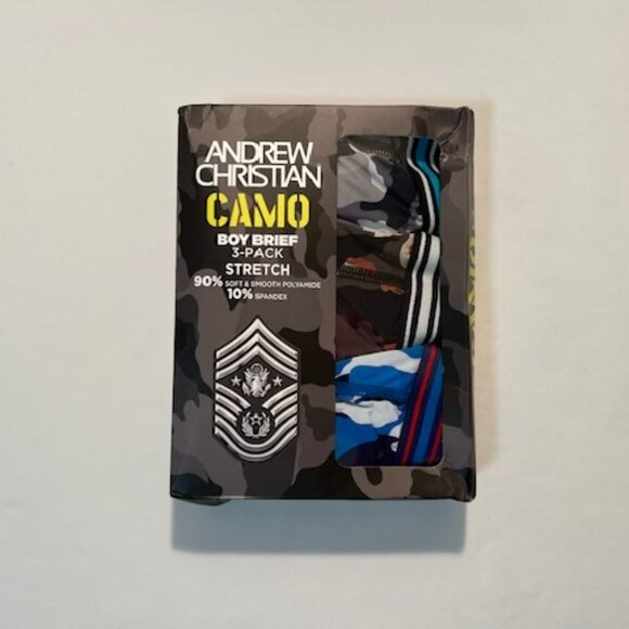 3-Pack Andrew Christian Size "S" Nylon Camo Briefs - Blue/Brown/Gray - Picture 6 of 7